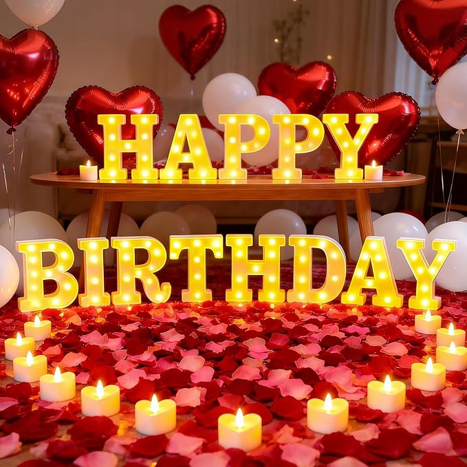 Happy Birthday Light up Letters, Include Tea Lights Candles, Latex Balloons, Aluminum Balloons and Rose Petals, Special Festival, Surprise Gifts for Women and Men