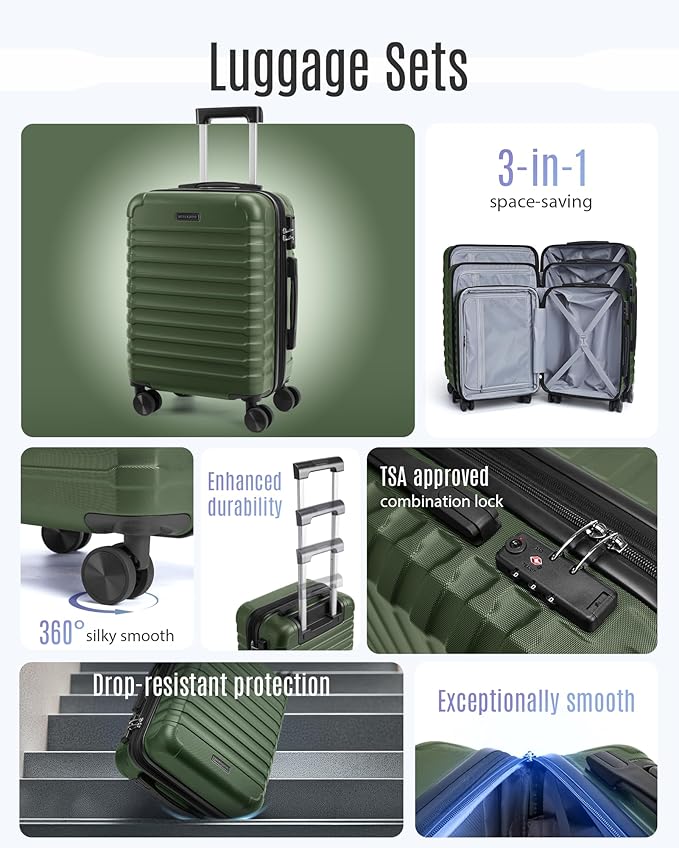 LIGHT FLIGHT Luggage Sets, 3 Piece Durable Suitcase Set with Spinner Wheels, 3 Pcs Hardside Lightweight luggage with TSA Lock, Large Checked Travel Suitcases, 20/24/28 Inch, Pine Green