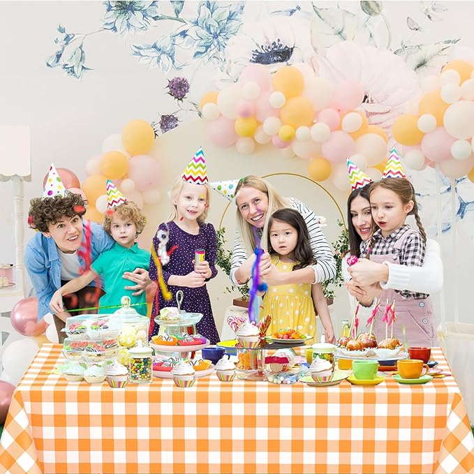 WNINK 3 Pack Orange and White Checkered Rectangular Plastic Tablecloths, Orange Gingham Waterproof Disposable Table Covers 54" x 108" for Birthday, Wedding, Outdoor Picnic Camping Parties