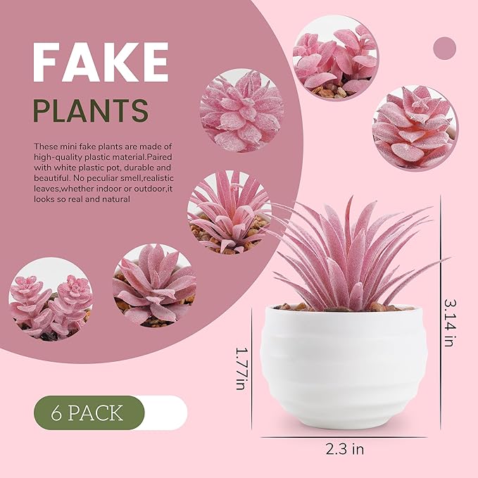 Der Rose Set of 6 Pink Succulents Plants Artificial in Pots Small Fake Plants for Girls Pink Room Decor Office Desk Accessories for Women