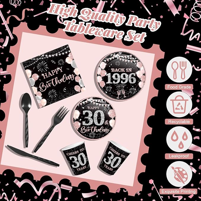 240 Pcs 30th Birthday Decorations 1996 Birthday Party Tableware Include Plates Napkins 9oz Cups Cutlery 30th Anniversary Party Supplies for Men Women Him Her, Serve 30 Guests (Black Pink)