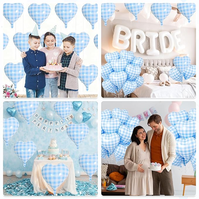 Blue White Checkered Heart Balloons, 10 Pcs Light Blue Grid Heart Shape Balloon, 18 Inch Lattice Foil Valentines Balloons for Kids Boys Birthday Wedding Valentines Bridal Baby Shower Party Decorations