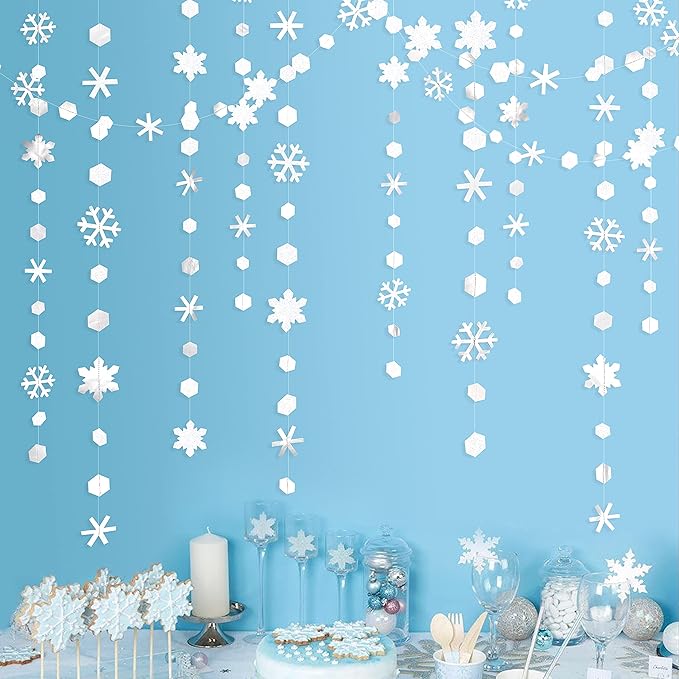 pinkblume 52Ft Winter Wonderland Party Decorations White Snowflake Garland Metallic Glitter Snowflakes Streamer for Winter Onderland Christmas Frozen Birthday Wedding Baby Bridal Shower Party Supplies