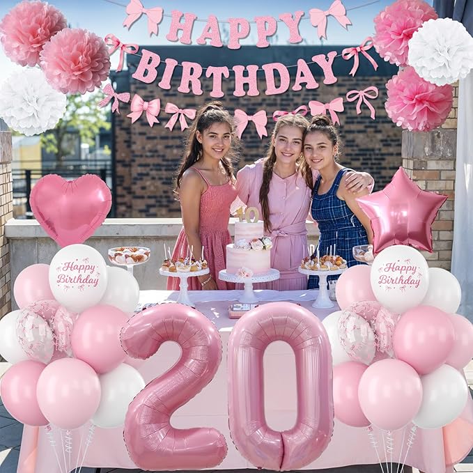 20th Birthday Decorations for Girls Pink Number 20 Balloon Bow Coquette Happy Birthday Banner Fringe Curtain Paper Pom Poms Star Heart Foil Pink White Balloons 20 Year Old Party Decor for Her
