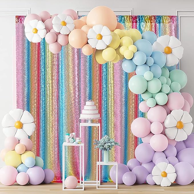 Hahuho Rainbow Sequin Backdrop Curtain, 2PCS 2FTx8FT Glitter Backdrop Curtain for Parties, Christmas, Wedding, Party Decoration（2 Panels, 2FT x 8FT, Rainbow