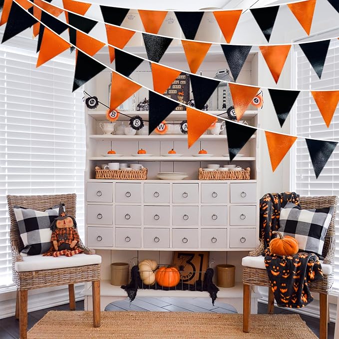 Black Orange Party Decoration Metallic Fabric Triangle Pennant Banner Flag Bunting Garland for Graduation Halloween Fall Autumn Thanksgiving Birthday Wedding Baby Shower Bridal Shower Party Supplies