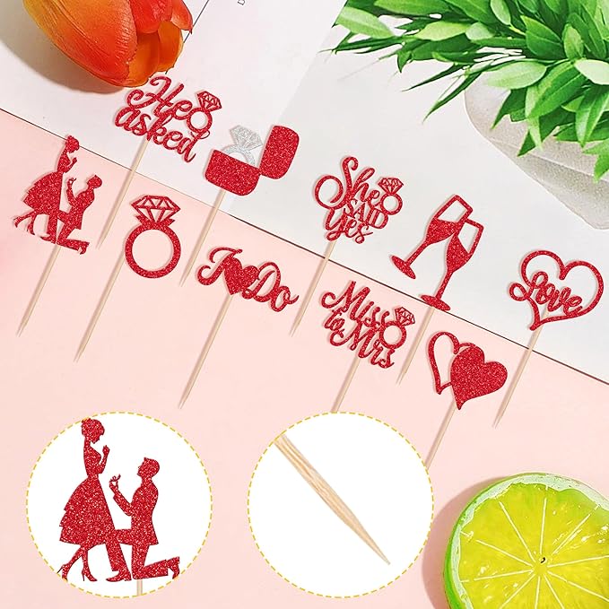 30 PCS He Asked She Said Yes Cupcake Toppers Glitter Engagement Cupcake Toppers Miss to Mrs I Do Love Heart Ring Miss to Mrs Cupcake Picks for Wedding Engagement Party Cake Decorations Supplies Red