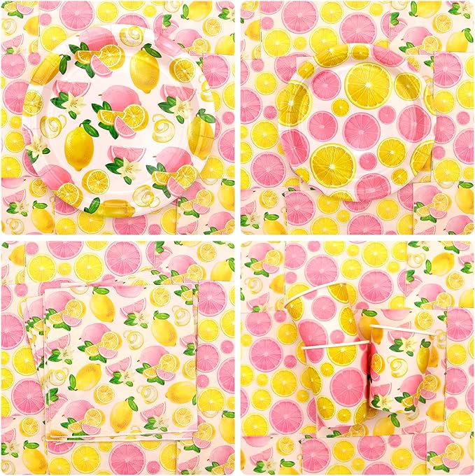 Pink Lemon Party Decoration - Lemon Birthday Party Tableware Supplies Includes Plates, Cups, Napkins, Tablecloth, Straws (40)