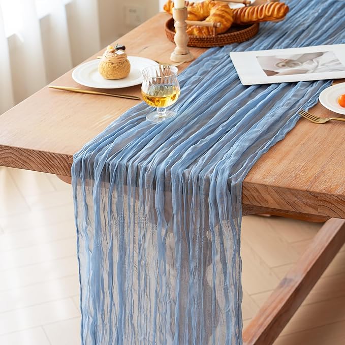FEXIA 10 Pack Dusty Blue Gauz Table Runner 35x120 Inches Gauze Table Runner for Bridal Shower Wedding Party First Communion Centerpiece Engagement Boho Table Decoration (Dusty Blue)