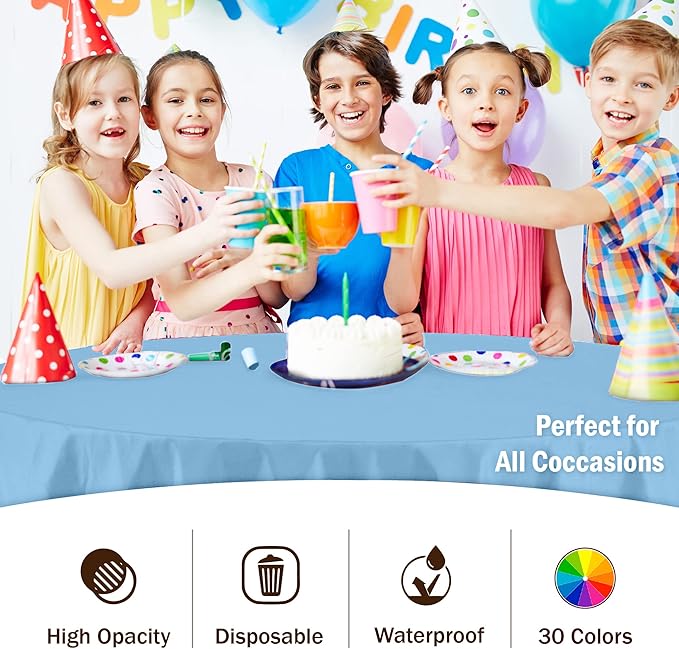 Exquisite Party Solids 6-Pack Premium Plastic Tablecloth 84in. Round Plastic Table Cover - Light Blue