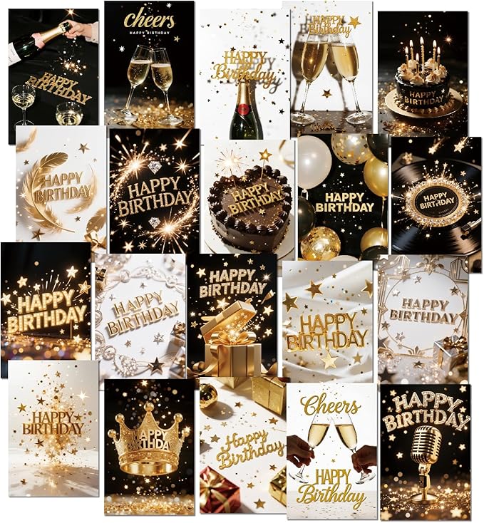20 Pack Birthday Cards for Women, Messages, Envelopes, and Stickers | 4x6 Inch Happy Birthday Cards Bulk for Family, Kids, Friends, Work, and Office Celebrations. (20 Pcs Cards With Black and gold style)