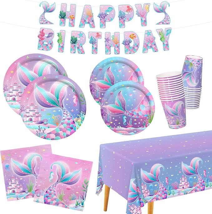 Mermaid Birthday Decorations for 25 Guests - Mermaid party supplies Kit Includes Dinner & Dessert Plates, Cups, Napkins, Banner & Tablecloth for 1st Birthday Party Decorations