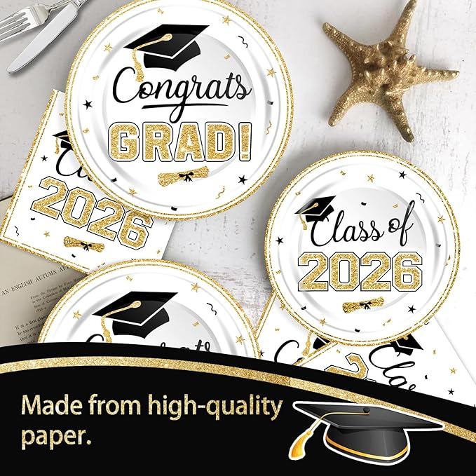 320Pcs Graduation Table Decorations Party Supplies - White Gold Graduation Plates and Napkins Class of 2026 Disposable Dinnerware Set for College High School Congrats Grad Party Favors, Serve 80