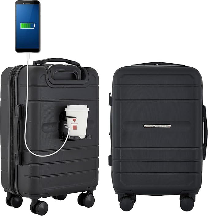 French Connection St. Martin Carry-On Luggage with Cup Holder/USB Ports, Black
