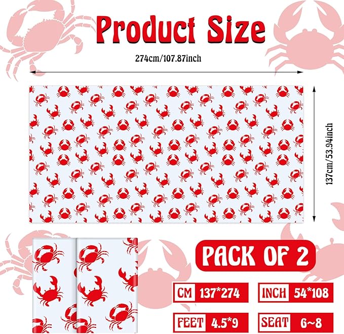 Juexica 2 Pcs 54 x 108 Inch Crab Boil Party Table Cloth Summer Seafood Party Supplies Plastic Crab Tablecover Decorations Rectangular for Sea Animals Dining Kitchen Centerpiece