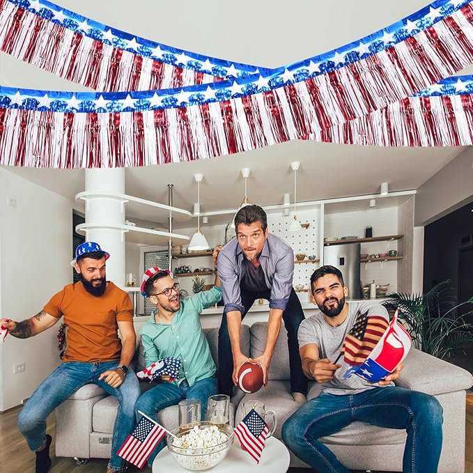 6Pack 60ft 4th of July Decorations Banner USA Stars Foil Fringe Garland Tinsel Streamers Red White and Blue Flag for Independent Memorial Veterans Day Patriotic Party USA 250 Anniversary Decorations