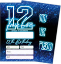 SIXEIGHT Blue 12th Birthday Party Invitations for Boys, Glow Neon Birthday Invitations, 20 Double Sided Invite Cards with Envelopes for Kids Girls, Party Decorations Supplies, 4"x6"-C12