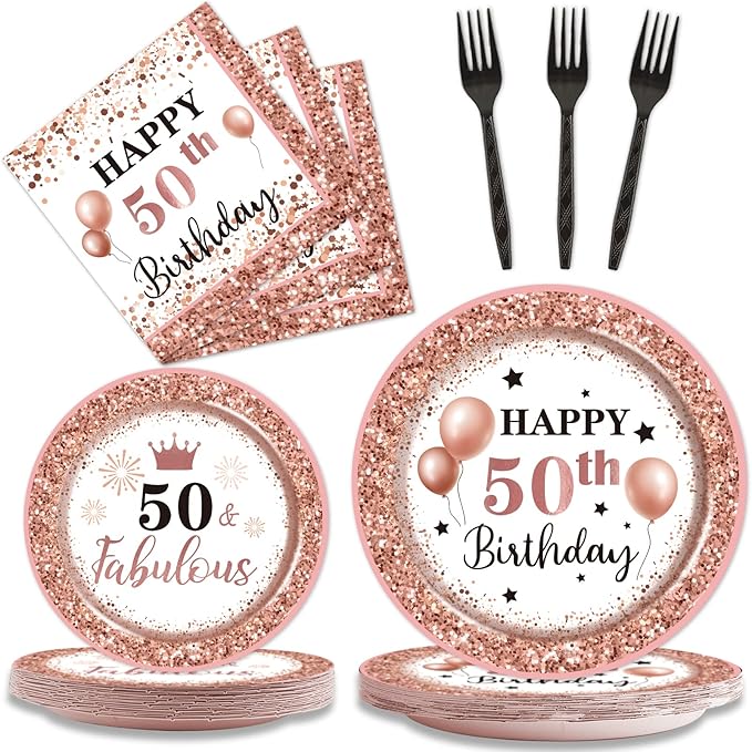 96 Pcs 50 and Fabulous Birthday Party Plates Napkins Tableware Set Rose Gold 50th Birthday Supplies Disposable Dinnerware Fifty Decoration Favors for Women, 24 Guests