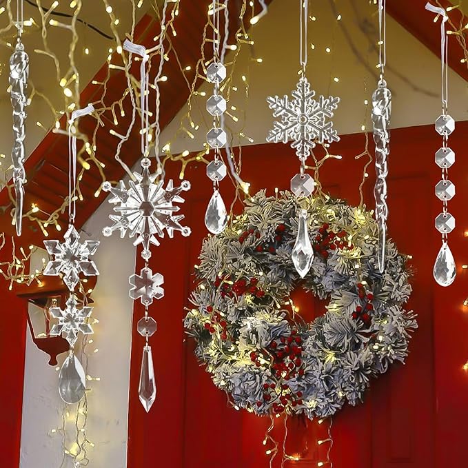 18pcs Crystal Christmas Ornaments for Tree Decorations-Hanging Acrylic Snowflake Icicle Ornaments with Drop Pendants for Winter Wonderland Chandelier Crystals Decorations Supplies