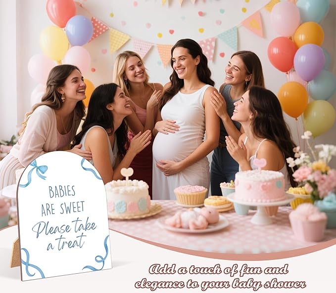 Blue Bow Babies Are Sweet Please Take a Treat Sign for Baby Shower, 6x8 Inch Arch Wooden Sign with Stand, Blue Baby Shower Table Sign, Gender Neutral Party Decoration - QW08