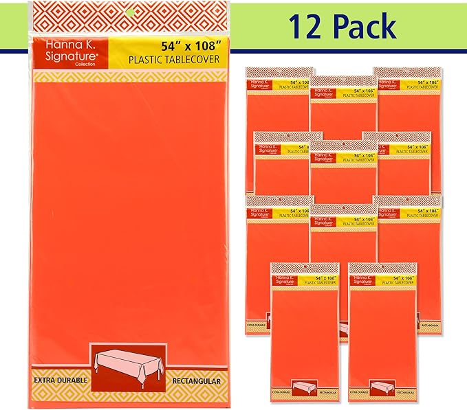 Orange Disposable Plastic Tablecloth for Rectangle Tables (12 Pack) Table Cloths for Parties, Halloween, Events & Weddings, Indoors Outdoors, 54 x 108 inches, Plastic Table Cover
