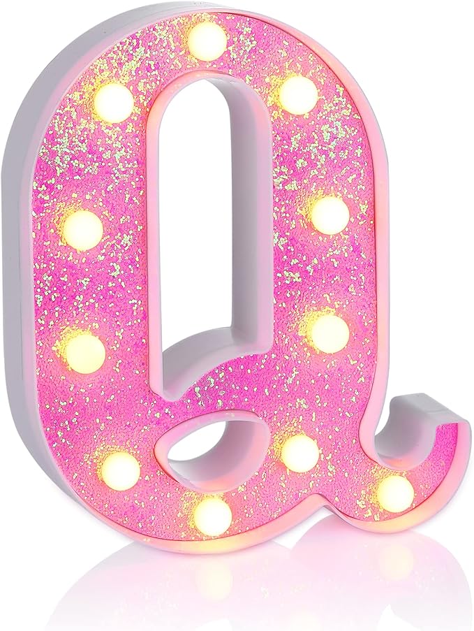 Foaky Pink Light up Letters，Pink Party Decorations,Girls Room Decor,Glitter Light Up Letters,Alphabet Letter Sign for Night Light Birthday Party Girls Gifts, Home Bar Decoration（Q）