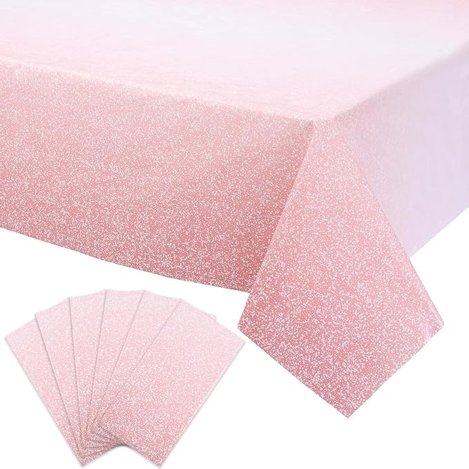 Kesfey 6 Packs Ombre Rose Gold Tablecloth 54 x 108 Inch Gradient Pastel Rose Gold Sequin Table Cloths Rectangle Disposable Plastic Rose Gold Sprinkle Glitter Table Cover for Birthday Party Decorations