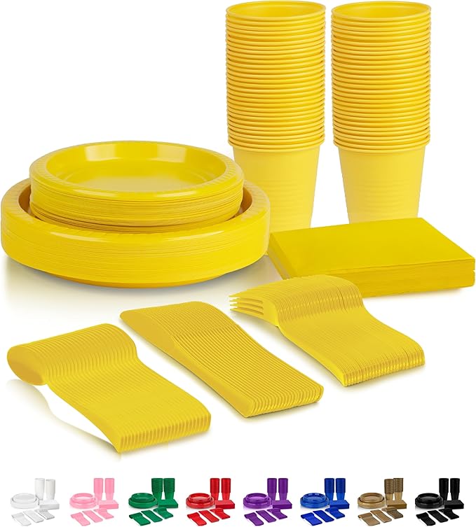 Grandipity 350 Piece Yellow Disposable Dinnerware Set, Includes 50 of Each: 9" Dinner Plates, 7" Dessert Plates, 12oz Cups, Paper Napkins, Forks, Knives & Spoons