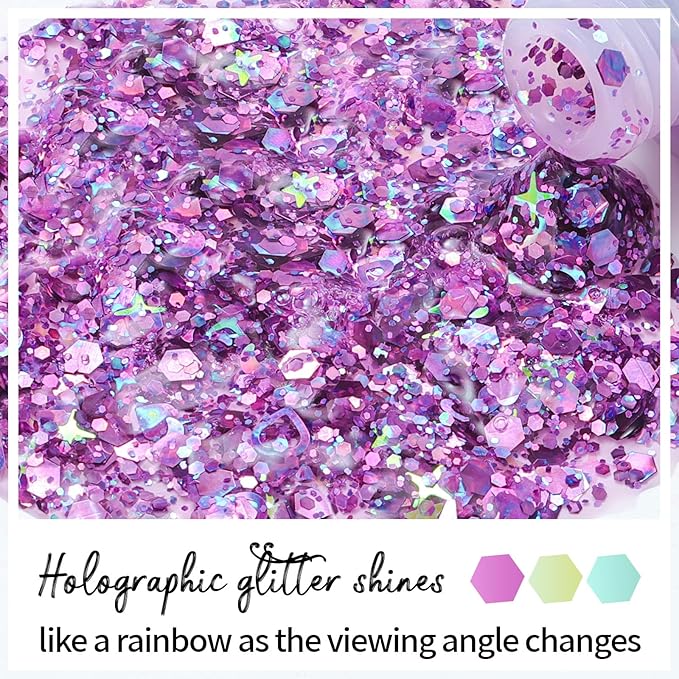 DAGEDA Purple Body Glitter Gel, Holographic Face Glitter Body Gel Rave Party Accessories, Chunky Glitters for Face Hair Nails, Cosmetic Laser Powder Festival Sequins Paint Makeup