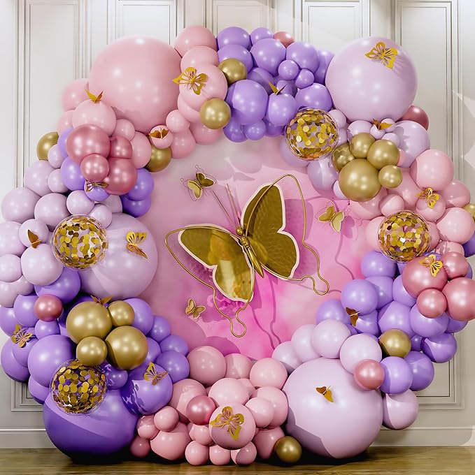 ALL-IN-1 Pink and Purple Balloon Arch Kit & Garland with BONUS Gold Butterfly Balloon Arch Kit – Pastel Pinks and Purples balloons for Girl Pink and Purple Party Decorations or Baby Shower Decorations