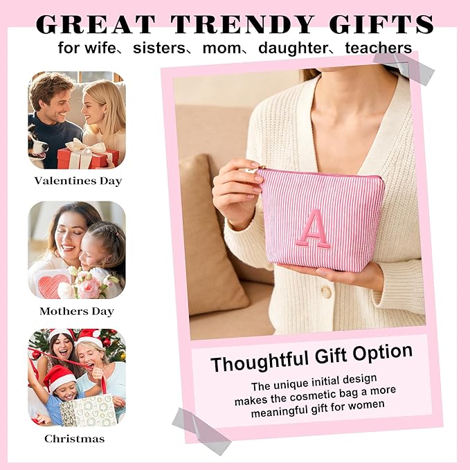 Christmas Gifts for Women - Christmas Stocking Stuffers, Personalized Small Makeup Bag for Purse Travel Makeup Bag Set, Initial Make up Bag Pouch,Birthday Gifts for Women, Pink Letter H