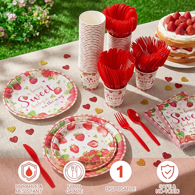 350 Pcs Sweet Baby Shower Party Supplies a Berry Sweet Baby Is on the Way Tableware Set Strawberry Disposable Plates Napkins Paper Cup Plastic Cutlery Serves 50