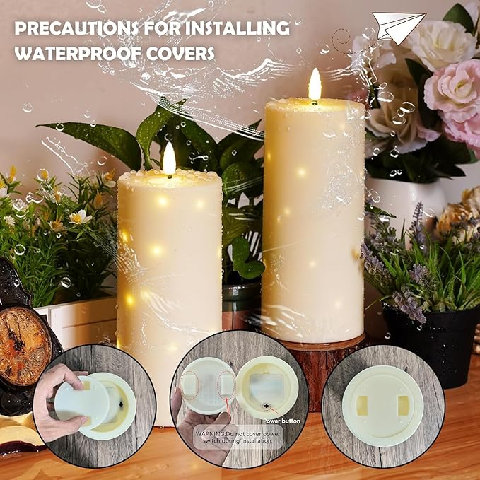 4" x 10" Large Outdoor Waterproof Flickering Flameless Candles with Timer,2Pcs Battery Operated LED Pillar Candles with Embedded Star String for Outdoor Lanterns,Porch,Patio Decor(Ivory)