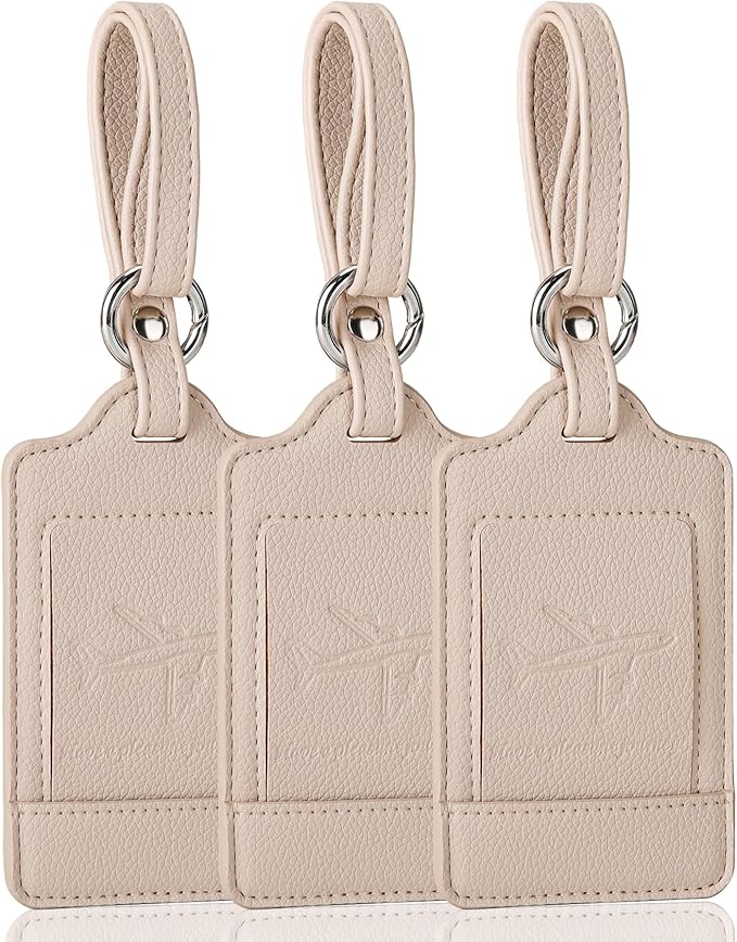 3 Pack Luggage Tags - Quick Install, Privacy Protection, Airplane Travel Essentials for Suitcases, Durable Leather - Lichee Beige