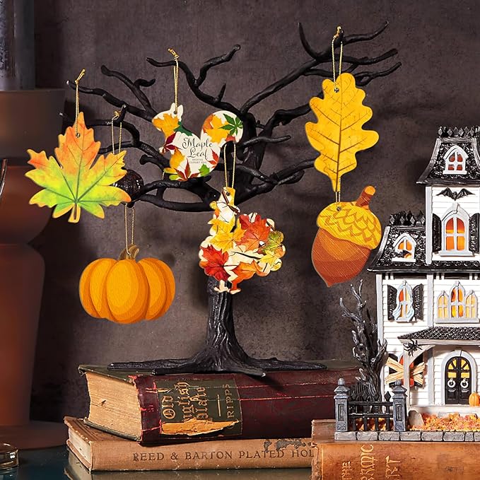 36PCS Wooden Fall Ornaments to Paint Thanksgiving Decorations, 6 Styles DIY Blank Autumn Unfinished Wood Maple Leaves Turkey Pumpkin Halloween Cutouts Ornament for Crafts Birthday Party Gifts Hanging