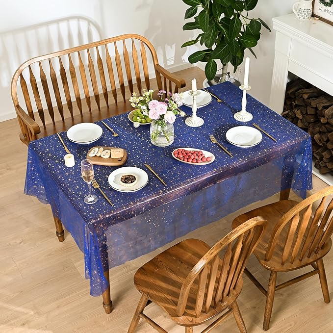 Horaldaily Royal Blue Gold Sparkling Star Gauze Tablecloth 60x84 Inch Rectangular, Golden Star Sequin Glitter Metallic Foil, Sheer Tulle Cheesecloth for Wedding Baby Shower Party