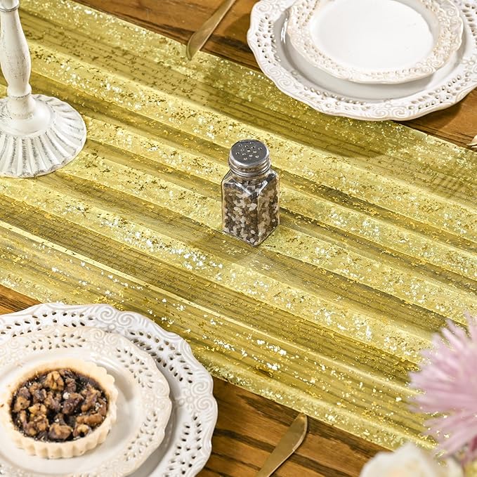 Artoid Mode 6PCS Light Yellow Gold Gauze Table Runner 120 Inch 10FT, Glitter Metallic Foil Sheer Dining Wedding Anniversary Holiday Birthday Table Decor for Home Party
