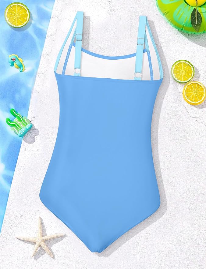 Girl Swimsuit One Piece Bathing Suit for Girls Solid Color Ruched Adjustable Straps Padded Swimwear 9-16y