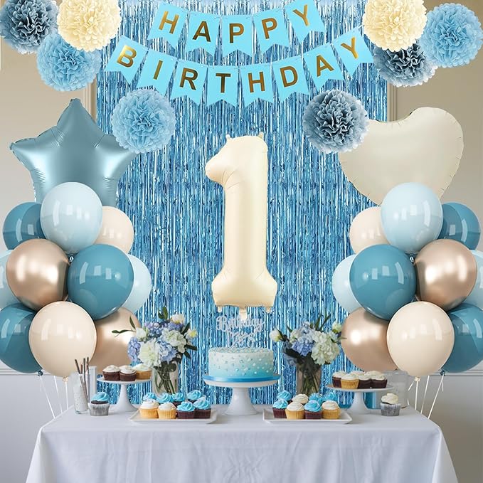 Dusty Blue 1st Birthday Decorations Beige Cream Number 1 Balloon with Blue Gold Happy Birthday Banner Fringe Curtain Paper Pom Poms Nude White Sand Champagne Star Foil Balloons Party Decor