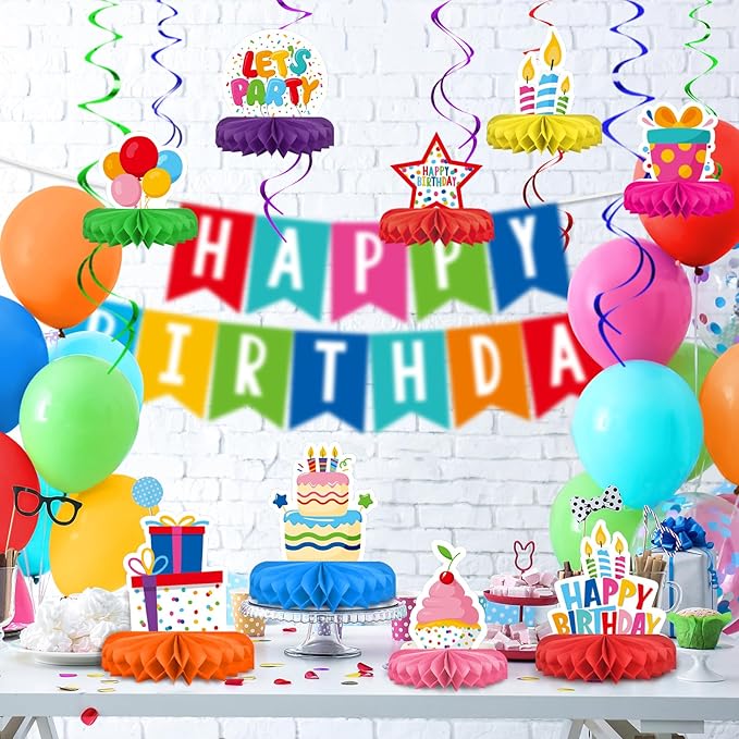 Happy Birthday Decorations Set - Colorful Themed Honeycomb Centerpiece, Table Decoration for Kids' Birthday Party Supplies