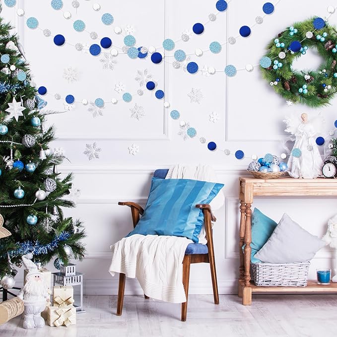 Outus 10 Pieces Silver Round Dots Garland Easter Graduation Party Hanging Decor Each Length 13.1ft Glitter Paper Dot Streamers for Birthday Wedding Classroom (Blue)