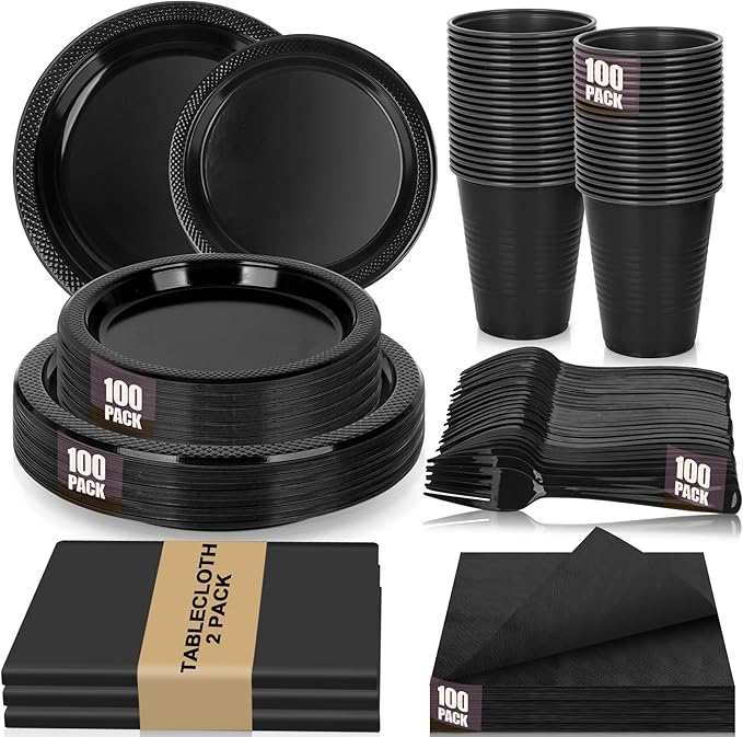 Black Plastic Plates for Party,100 Guest - 7&9inch Plates,Napkins,Forks,Cups & Tablecloths,Disposable Party Supplies for for Birthday,Halloween,Christmas Parties, Graduations