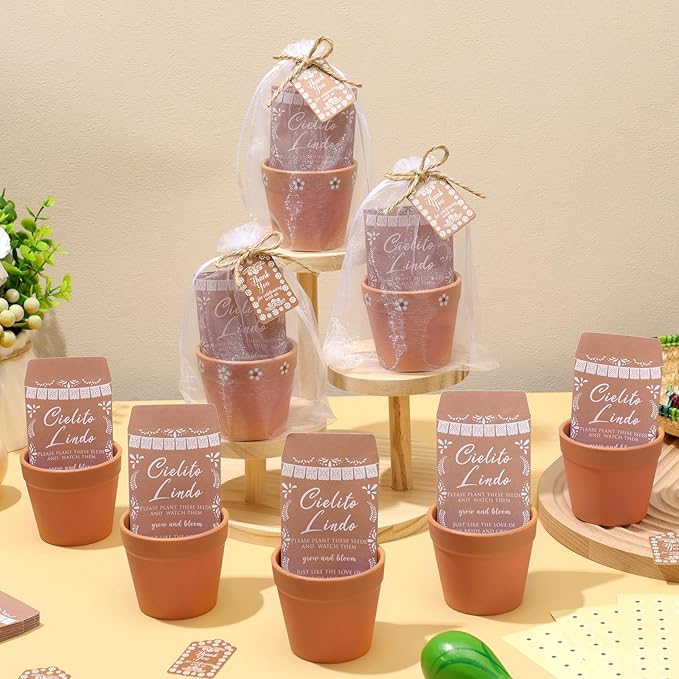 Ctosree 50 Sets Cielito Lindo Wedding Bridal Shower Favors for Guests Include Seed Packets Flowerpot Cards Hemp Ropes Organza Bags Mexican Barro Party Supplies for Wedding Bridal Shower Party Favors