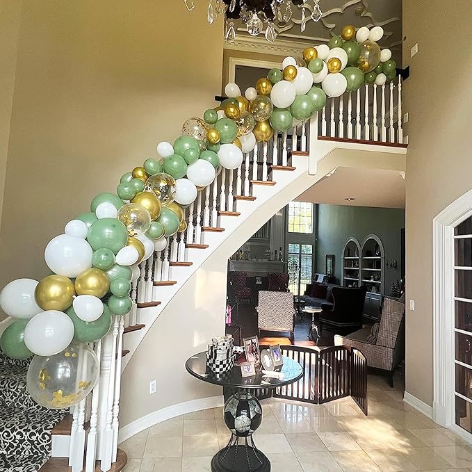 Sage Green Gold Balloons, 12 Inch Green White Metallic Gold Balloons, Olive Sand White Balloon Golded Confetti Latex Balloon for Birthday Wedding Baby Shower Party Decoration