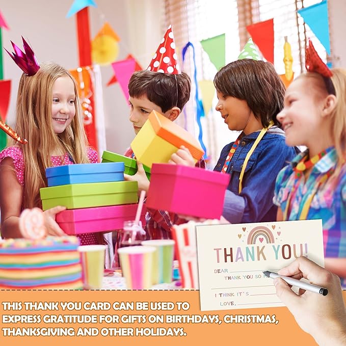 Kids Thank You Cards Fill in the Blank, Boho Rainbow Thank You Notes For Boys Girls, Rainbow Greeting Card, Birthday Party Decorations Favors (20 Cards With 20 Envelopes) -34