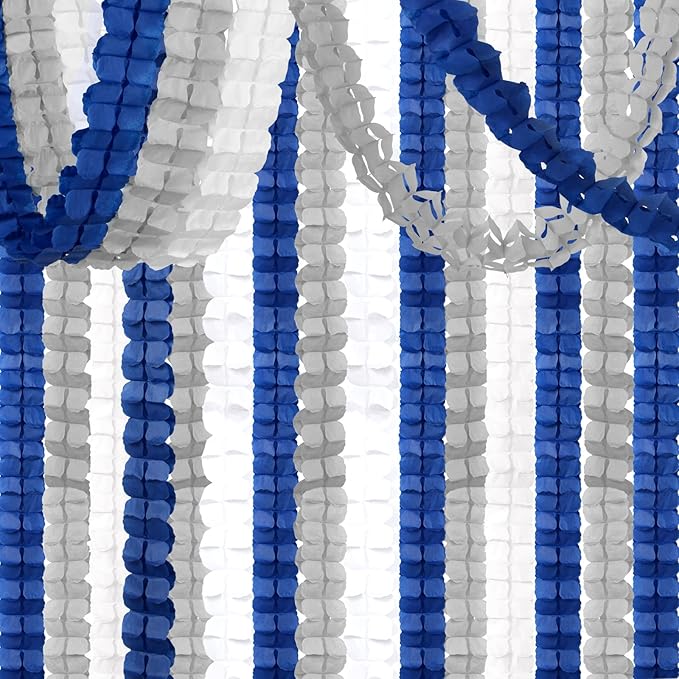 Navy-Blue White-Silver Party-Decorations Streamers Garland - 12pcs Royal Graduation 2025 4-Leaf Clover Paper Streamer Men Boy Birthday Wedding Bridal Shower Flower Banners Fathers Day Decor Ouruola