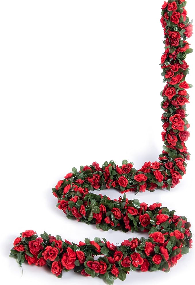 8 Pcs x 8.2 ft Flower Garland Artificial Rose Vine Flowers with Green Leaves Hanging Fake Roses Vine for Room Party Home Wedding Birthday Christmas Wall Arch Decor, Spring Red Flower