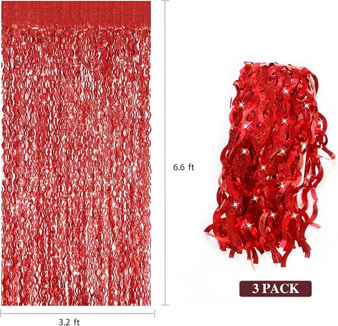 3 Pack Red Backdrop Curtain - CYLMFC 3.3 ft x 6.6 ft Foil Backdrop Curtain Streamers Birthday Decorations for Birthday Party Christmas Graduation Decor