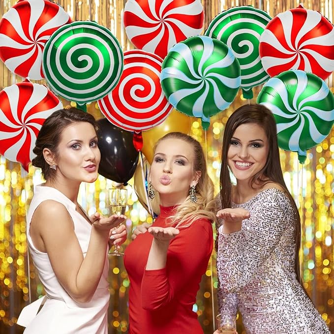 72Pcs Christmas Balloons Kit, Cane Candy Foil Balloons with Ribbons, Red Green Mylar Balloon for Party Decorations