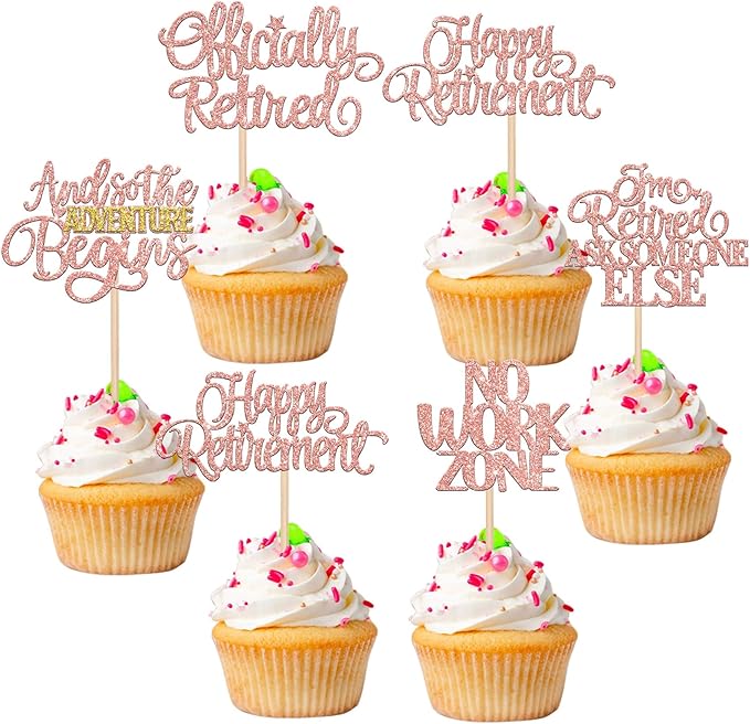 30 PCS Happy Retirement Cupcake Toppers Officially Retired Cake Toppers No Work Zone Adventure Begins Cupcake Picks for Retirement Theme Farewell Birthday Party Decorations Supplies Rose Gold